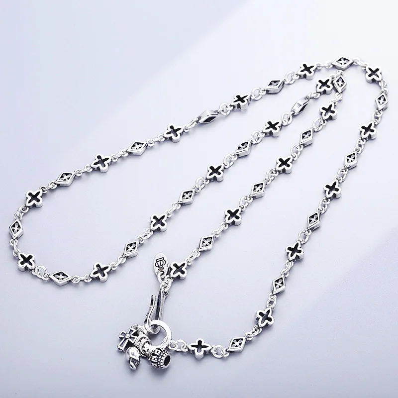 BOCAI New S925 Silver Cross Necklace Women's Coarse Spliced Blocks Personalized Retro Trendy Jewelry Accessories