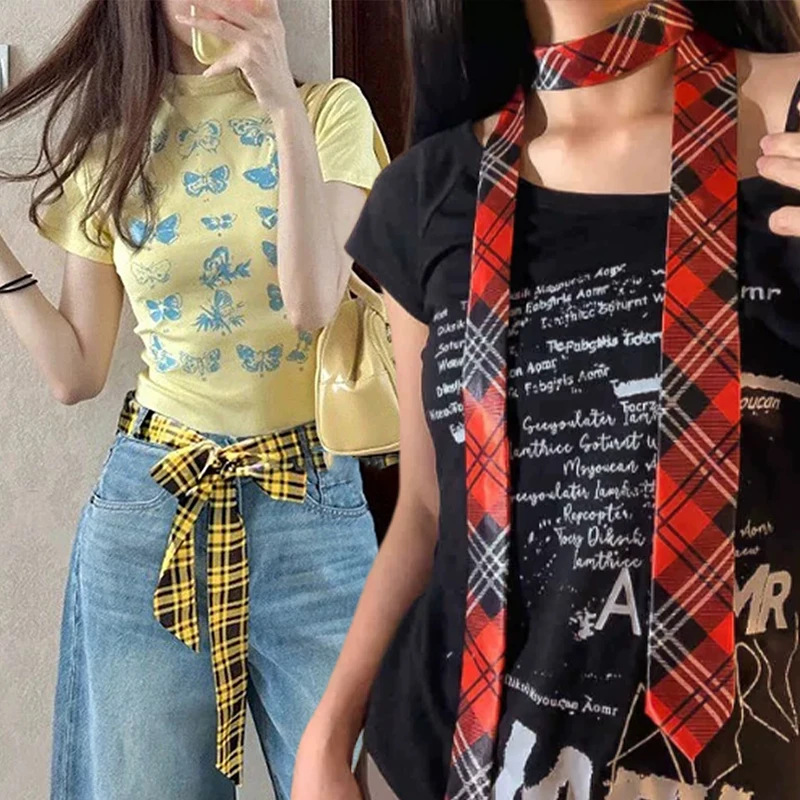 

Y2K винтажный черный, красный полосатый шейный платок, длинный узкий клетчатый полосатый пояс с джинсами, декор, аксессуар, универсальная повязка для волос