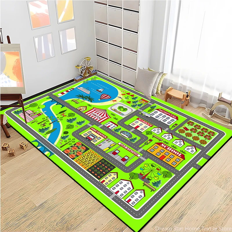 子供のための漫画の道路交通カーペット、車のおもちゃ、男の子と女の子のためのエリアラグ、ベビールームのための教育ラグ、保育園のプレイマット、都市生活