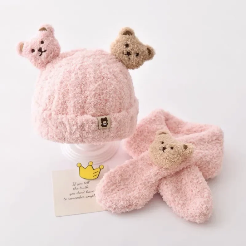 Autumn Winter Baby Hat Scarf Two-piece Set Cartoon Bear Kids Beanies Cap Infant Toddler Warm Woolen Hats Boys Girls Accessories