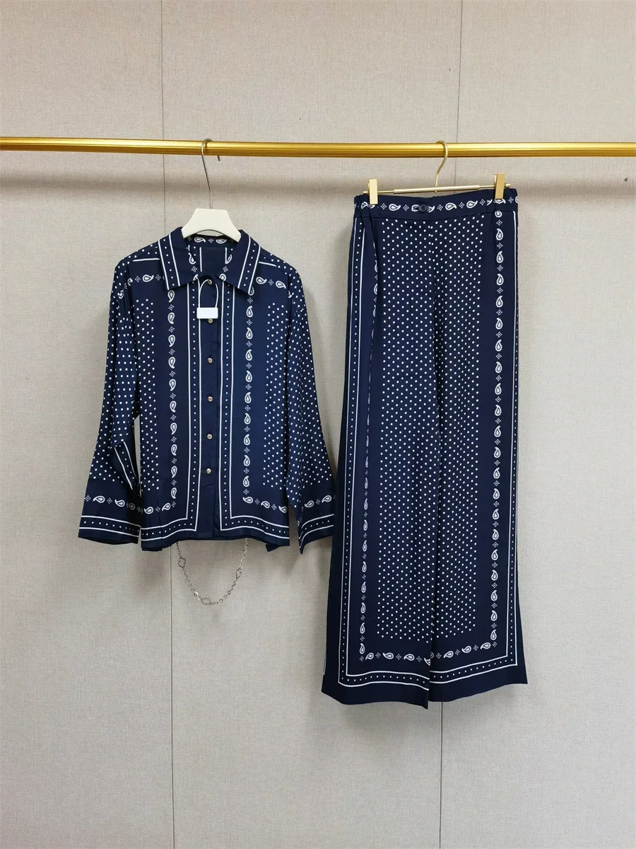 Polka Dot Paisley Print Female Single Breasted Long Sleeved Loose Shirt+Long Pants with Ethnic Style