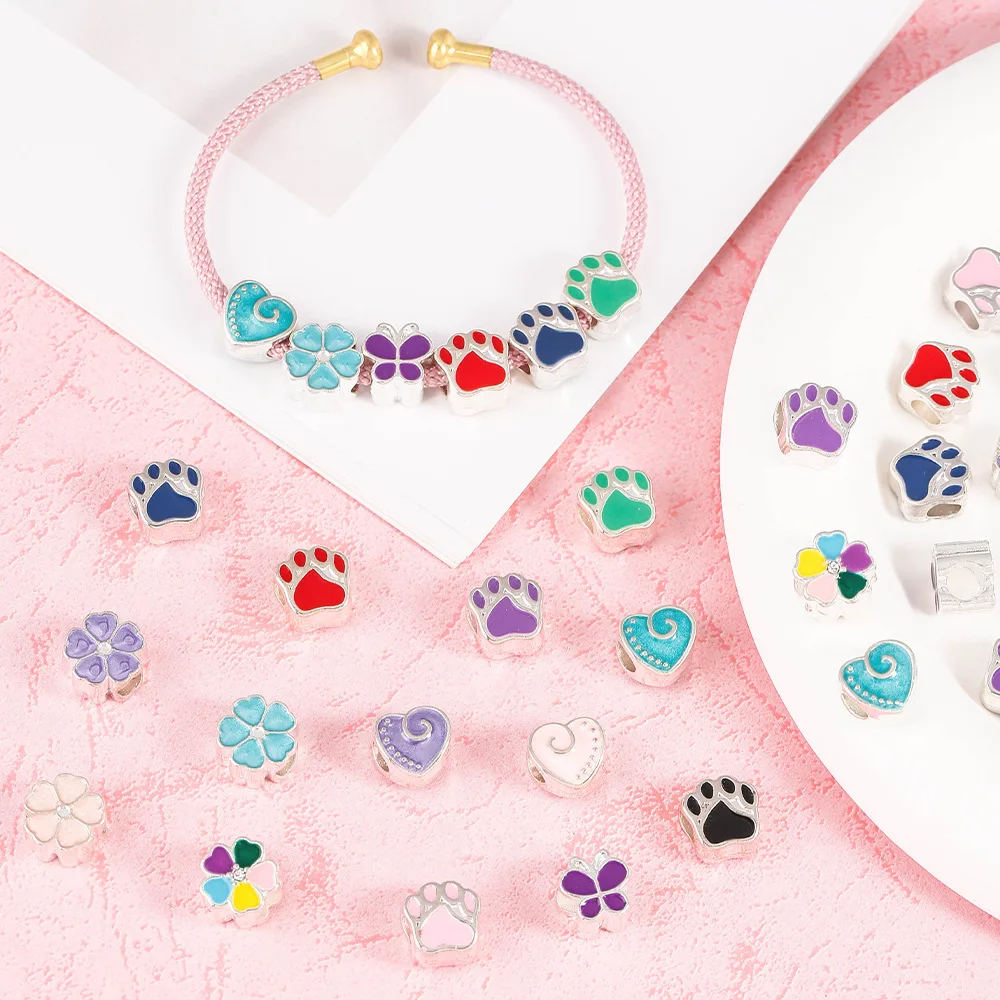 สร้อยคอ สร้อยข้อมือ ลูกปัดเจาะรูลายการ์ตูน ลายอุ้งเท้าหมี ลายดอกไม้ ลายหัวใจ ลูกปัดเจาะรูขนาดใหญ่ อุปกรณ์เสริมแบบเจาะรู