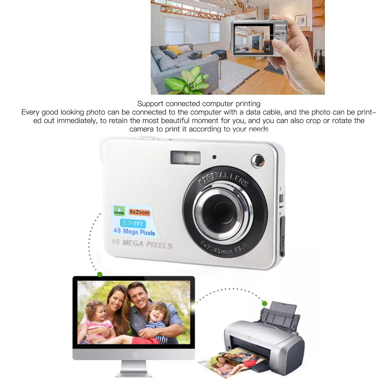 كاميرا مدمجة بدقة 48 ميجابكسل مضادة للاهتزاز وشاشة 2.7 بوصة وتكبير رقمي 8x وكاميرا رقمية بدقة 4K مع سوار معصم لمدونات الفيديو للمراهقين