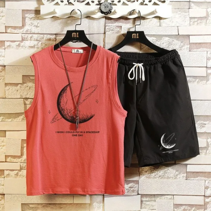 

Summer Men's Moon Vest Plus Size Student Trendy Brand Vest Style T Shirt And 5 Inch Shorts Outfit Set