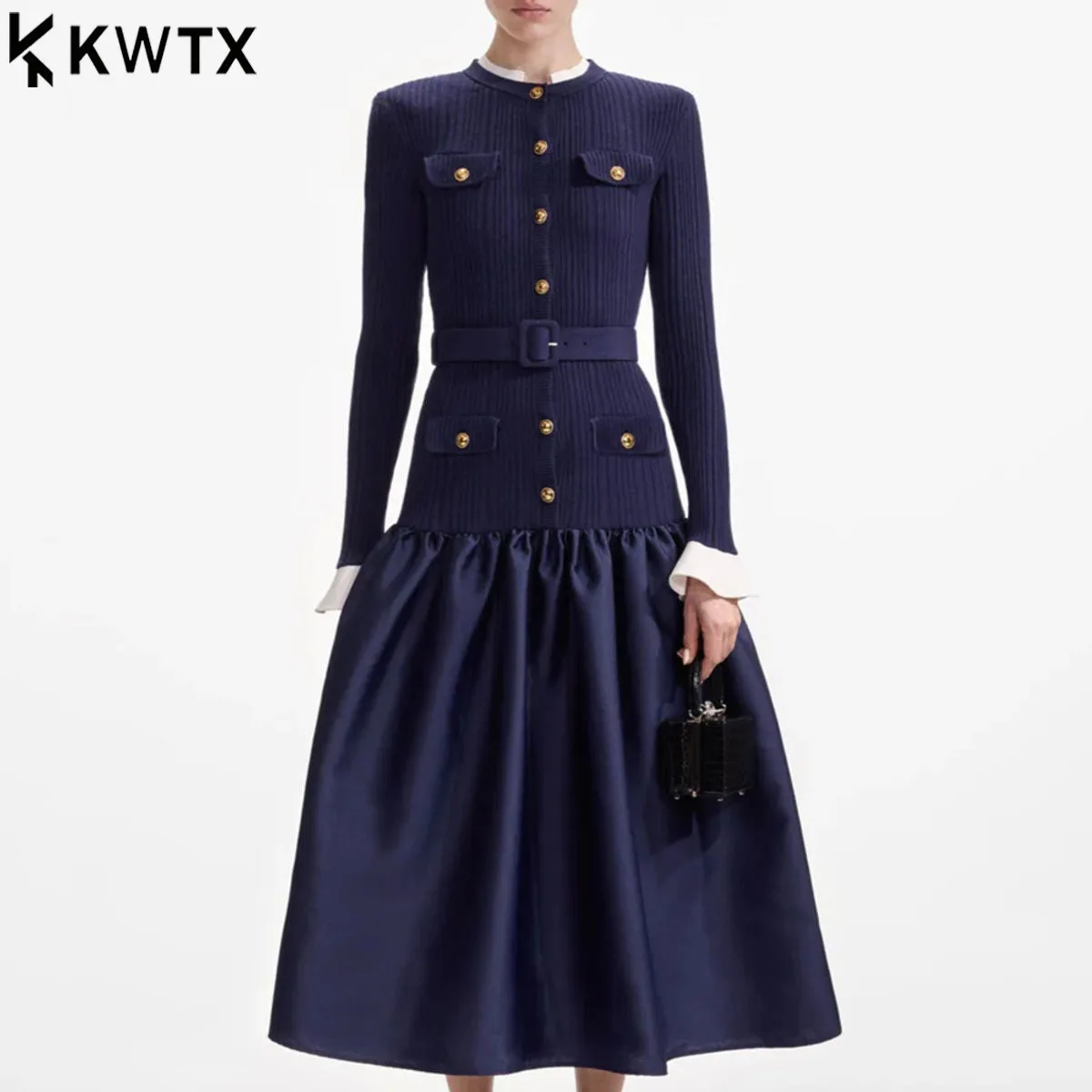 

KWTX Women’s French Style Solid Elegant Slimming Dresses For Women Round Neck Long Sleeve High Waist Spliced Button Dress Female