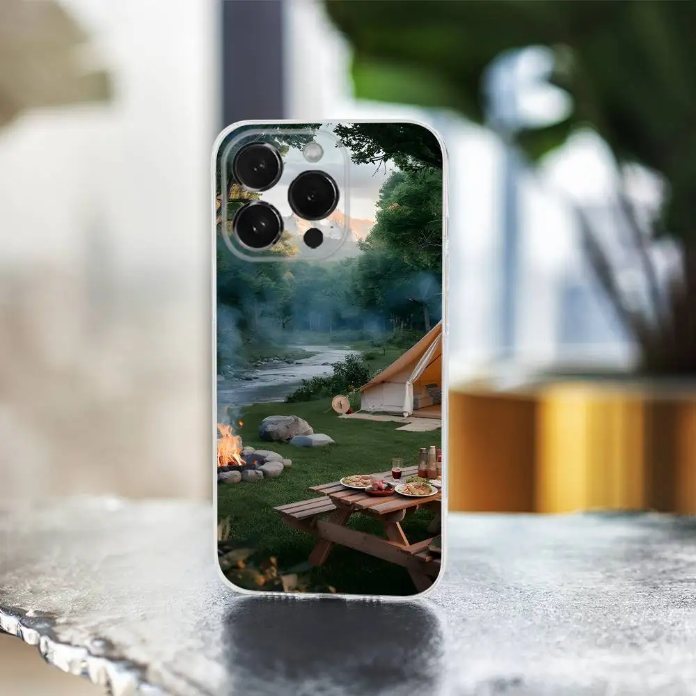 Funda de teléfono para acampar al aire libre de montaña para iPhone 16,15,14,13,12,11 Pro,Max,Plus,X,XS,XR,SE,Mini cubierta suave transparente