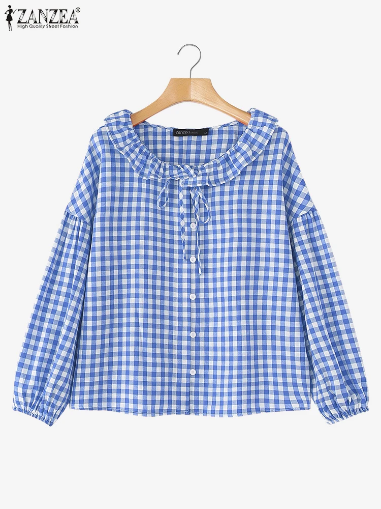 

Long Sleeve Ruffles Tops Casual Loose Plaid Shirts ZANZEA Women 2025 Fashion Work Tunic Solid Color O Neck Summer Spring Blusas