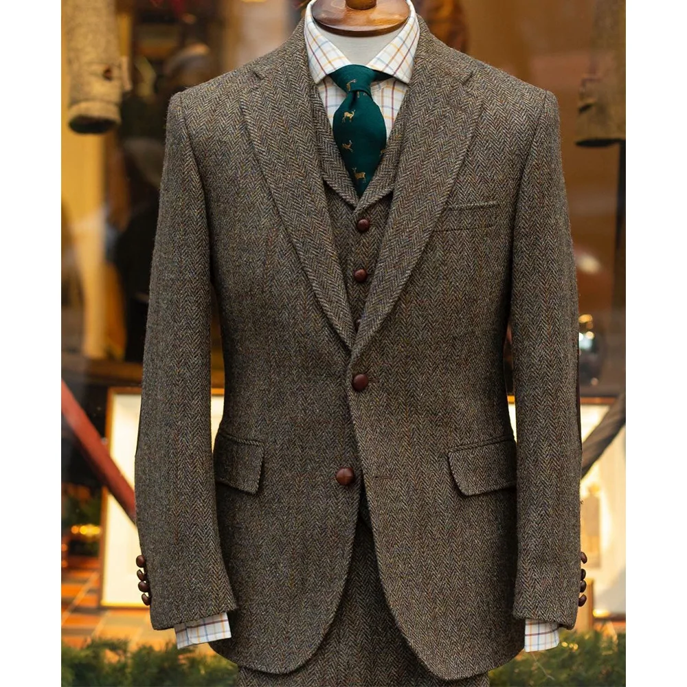 

Mens Herringbone 3 Piece Suit Single Breasted Jacket Trousers Vest Casual Business Suits Office Formal Wear Comfortable Breathab
