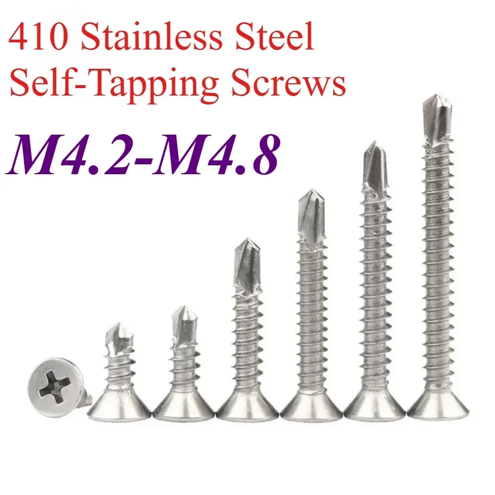 20pcs M4.2 M4.8 410 Stainless Steel Self Tapping Screw Flat Head Phillips Self Drilling Screw for Sheet Metal