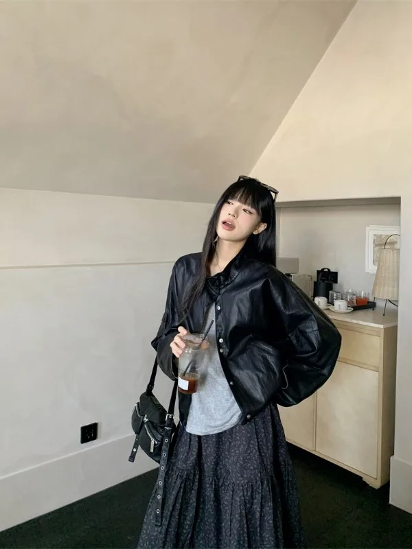 

Women's Loose PU Leather Jacket Stand Collar Single Button Casual Spring 2026 New Black Leather Coat Casual Top