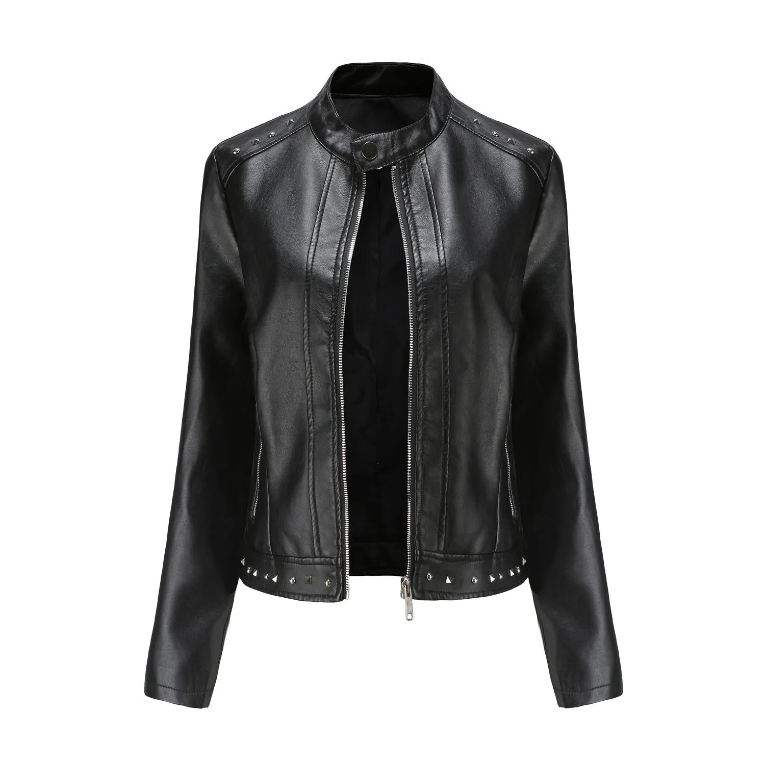 New Spring Autumn Women's Rivet Fashion Stand-Up Collar Solid Color Casual Leather Jacket