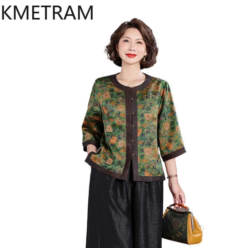 

KMETRAM 100% Mulberry Silk Women Shirts 2026 Summer Elegant Classic Patchwork Half-sleeve Blouses Woman Clothes Camisas De Mujer