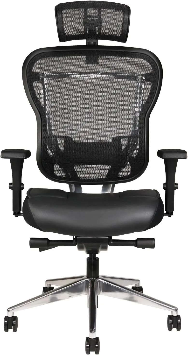 Ergonomic Office Chair, high-back with genuine leather seat, mesh back, adjustable lumbar support, swivel and tilt ( Headrest).