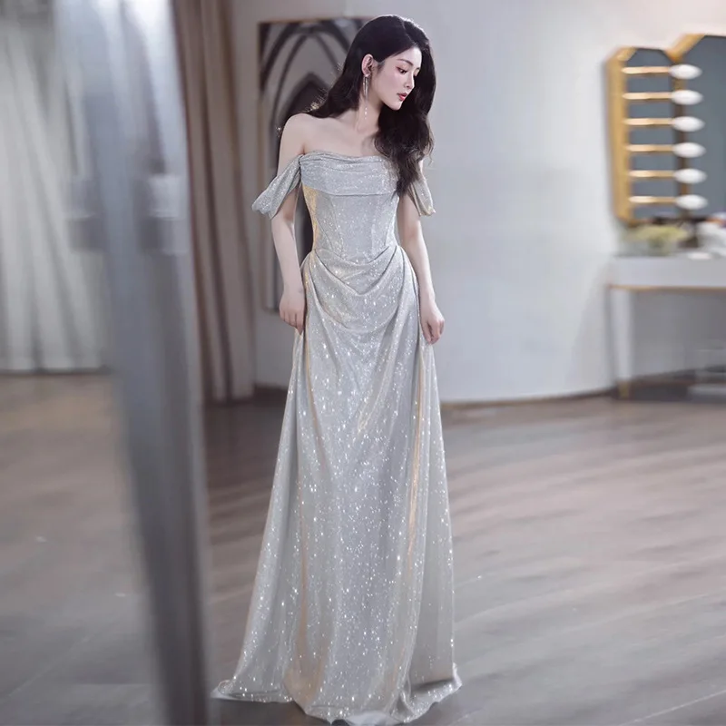 2024 New Sequins Shiny Party Dress Women Luxury Sexy One Shoulder Waist Slim Long Dresses Elegant Evening Night Robe