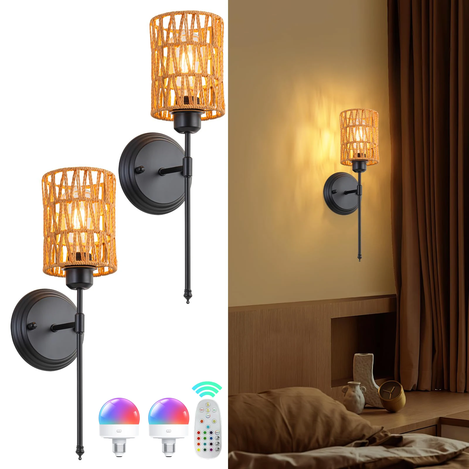 

2 Packs Wall Lighting Rattan Wall Sconce with RGB Rechargeable Bulb, 9 Modes with Timer, Wall Lamps for Bedroom Living Room