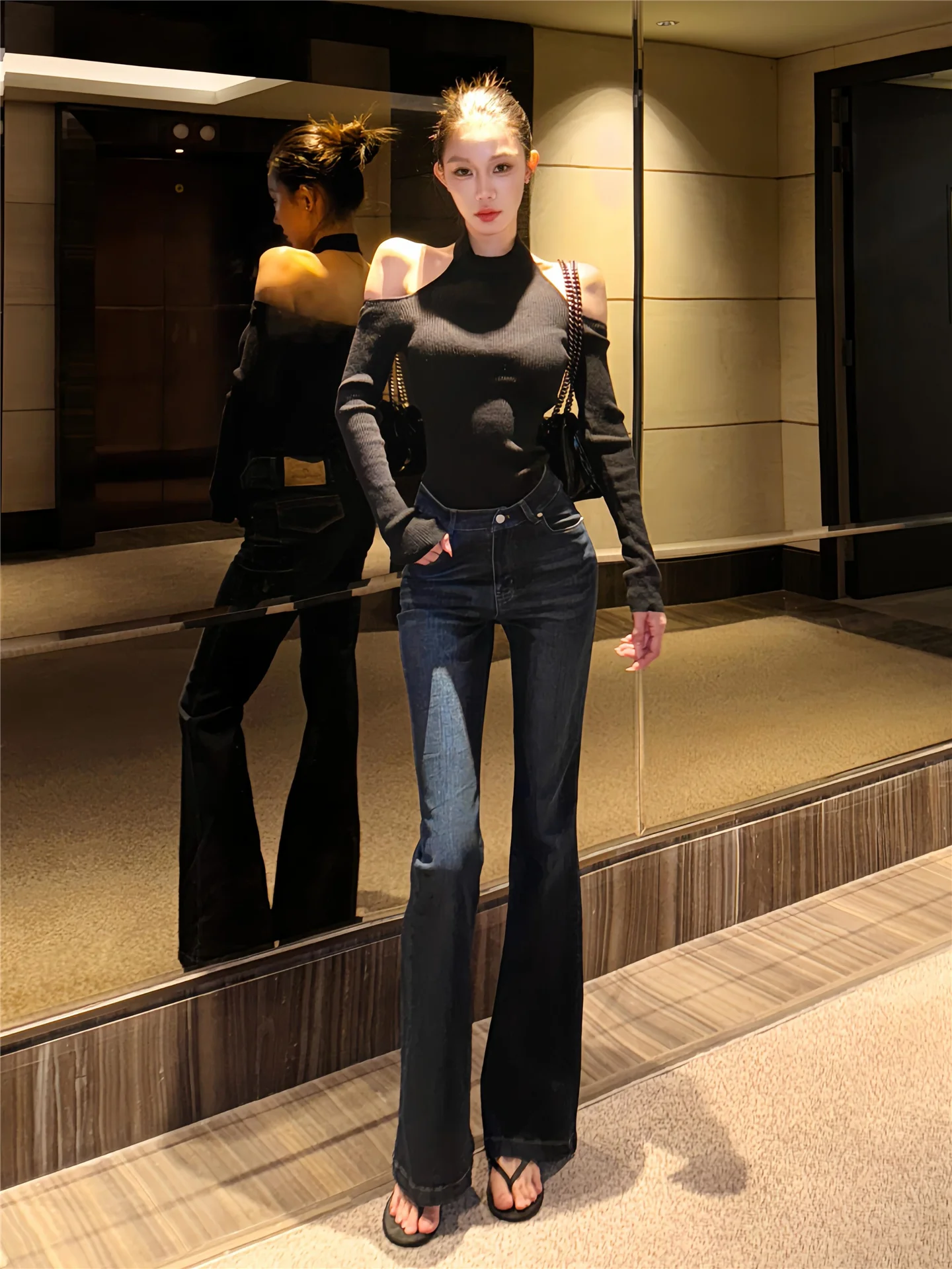 

American Style Streetwear Sexy Low Waist Bell Bottom Jeans Women's Slimming Extended Length Spring Fashion Cotton Denim