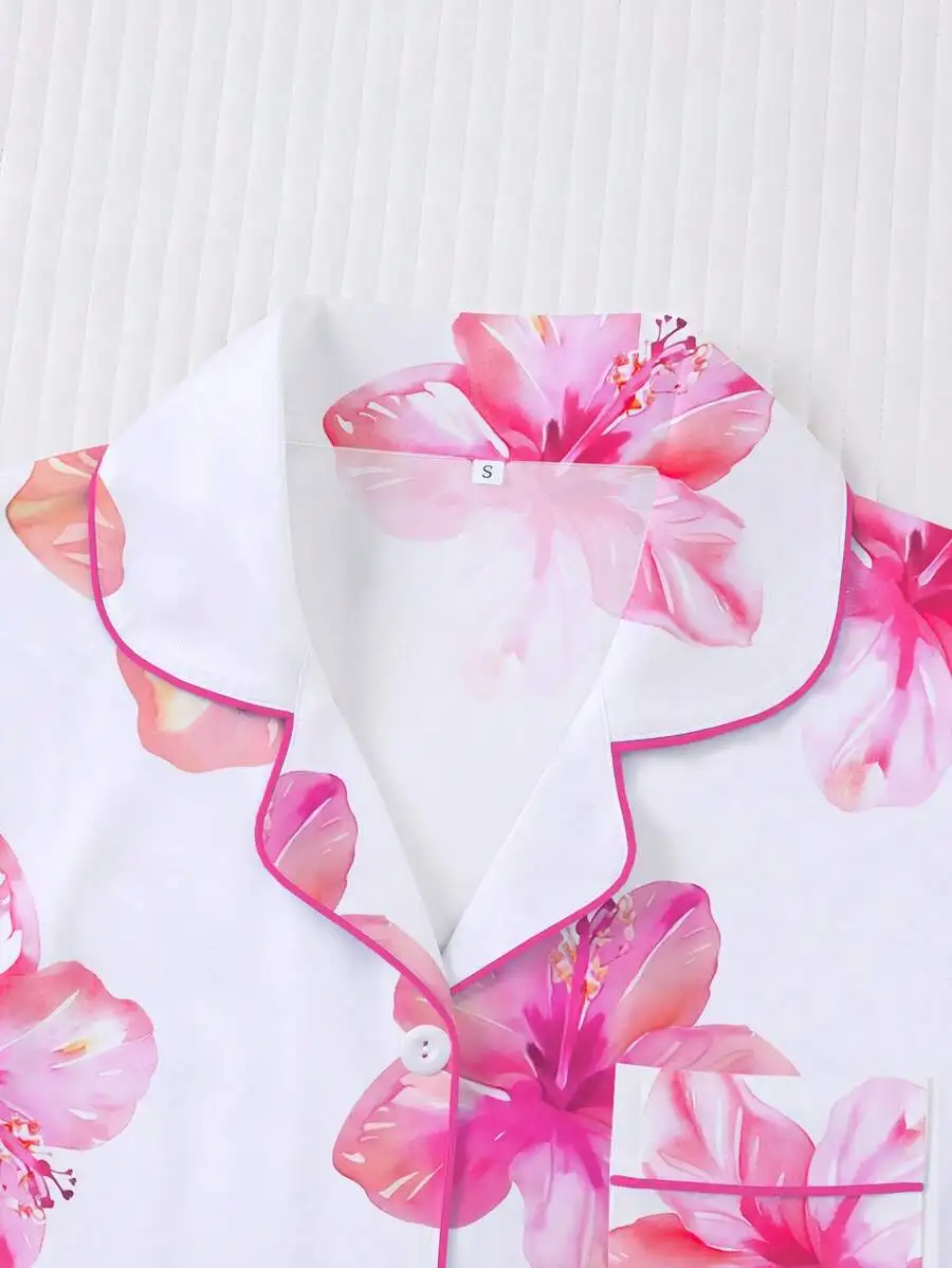 

Womens Hawaiian Floral Print Sleepwear Set Short Sleeve Button Up Top And Elastic Shorts