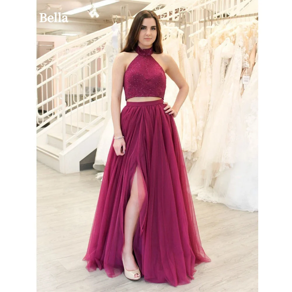 Bella Customized Fuchsia Halter robes de soirée A-Line Floor-Length Evening Dresses Side High Split Formal Evening Wedding Dress