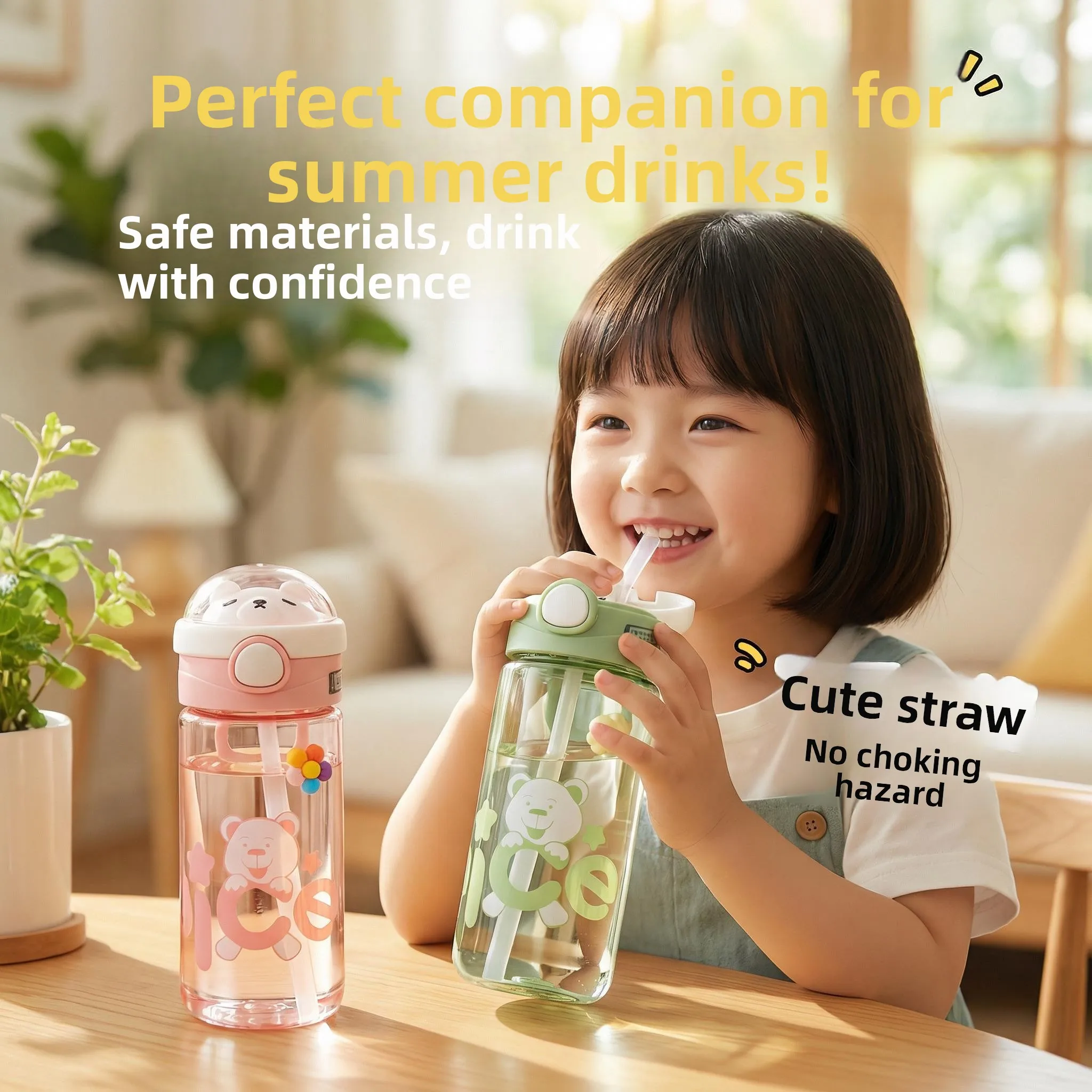 

Summer Plastic Straw Cups for Boys And Girls Portable Cute School Water Bottles High Aesthetic Value Creative Line Design