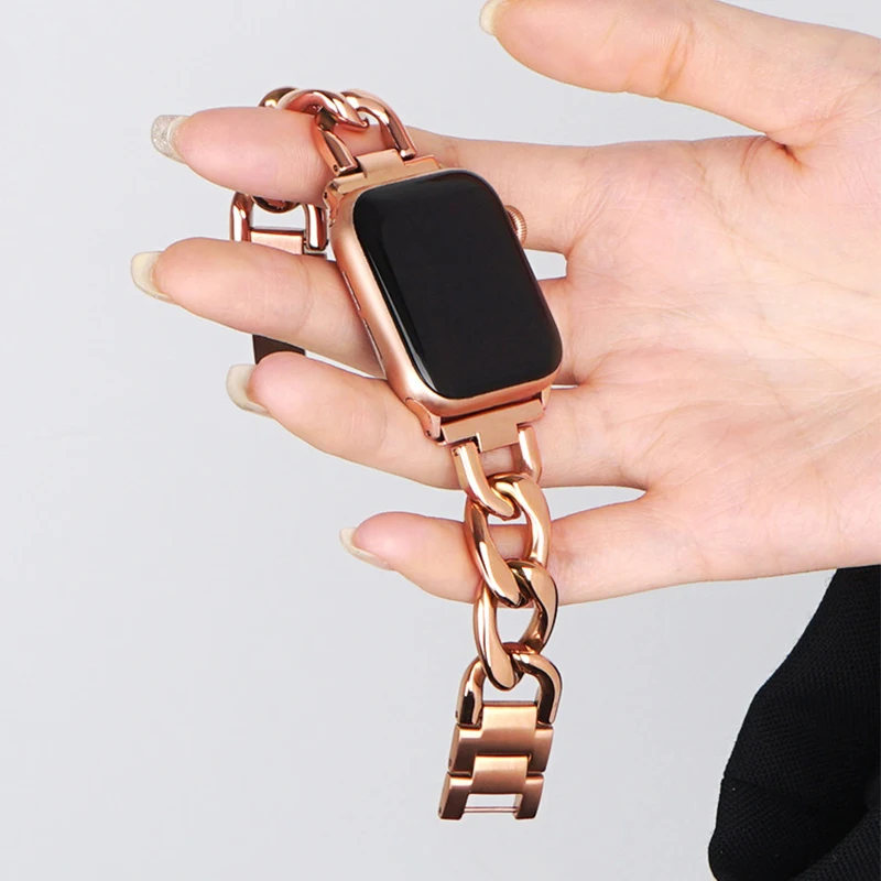 Роскошный металлический ремешок для Apple Watch Series 9 Ultra 8 7 SE 6 5 4 3, браслет с одной цепочкой для iWatch Band 38/40/41/42/44/45/49 мм