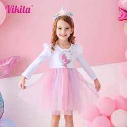 VIKITA Girls Mermaid Print Dress Kids Mesh Tulle Princess Elegant Dress Kids Long Sleeve Autumn Spring Patchwork Casual Vestidos