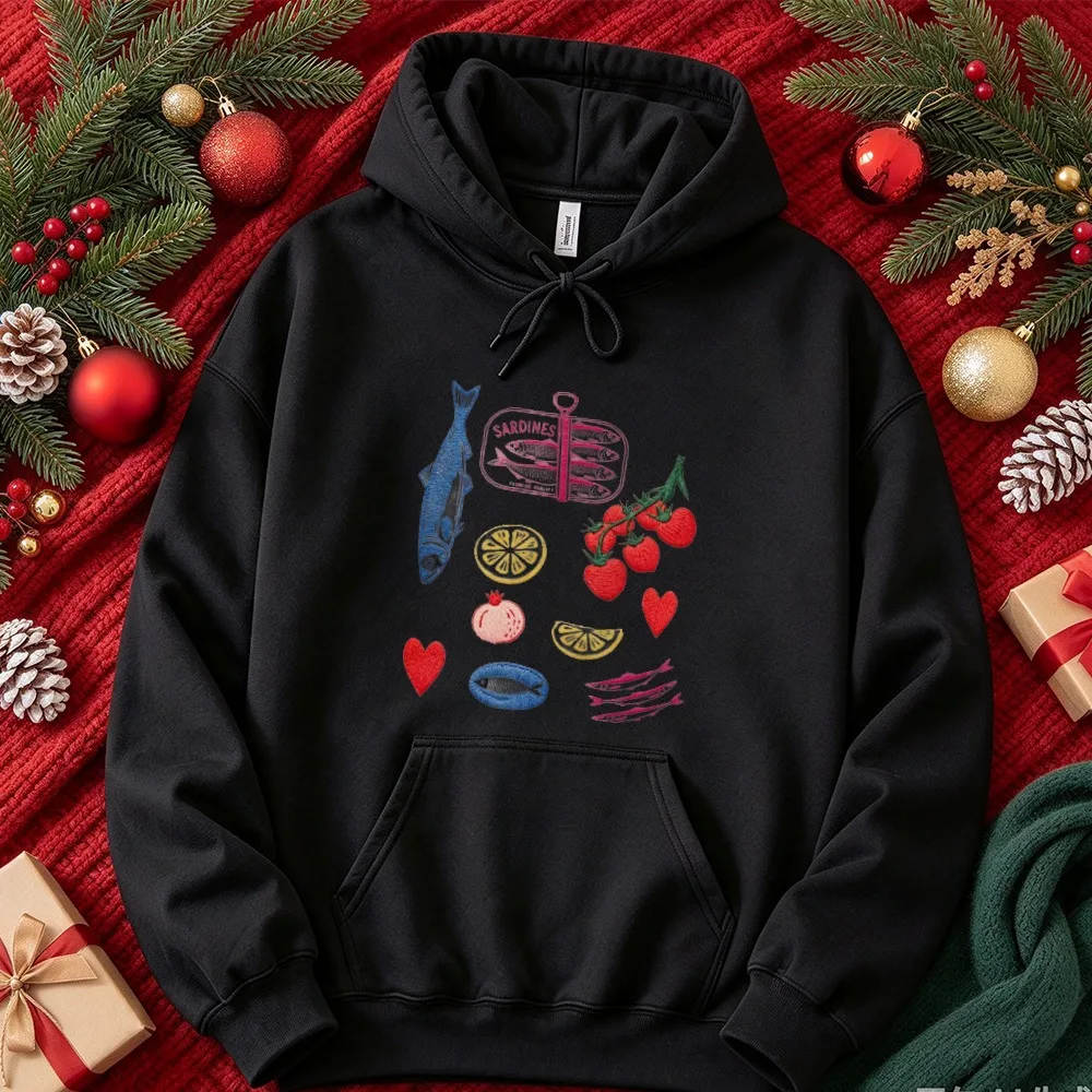 Hand Drawn Sardine Can Fish Tomato Lemon Pomegranate Heart Sweatshirt Cute Mediterranean Seafood Fruit Art Pullover Casual Tops