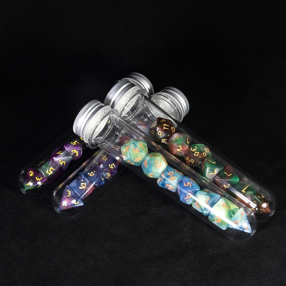 

D&D Dice 7pcs Mixing Colors with Glitter Polyhedral Dice, with Tube for DND RPG Board Game Dice D4 D6 D8 D10 D% D12 20