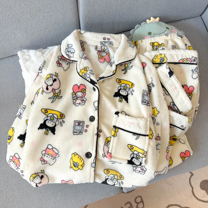 

Sanrio Anime Hello Kitty 2Pcs Coral Velvet Cartoon Pajamas Suit Women Winter Warm Homewear Thickened Long Sleeves Lounge Clothes