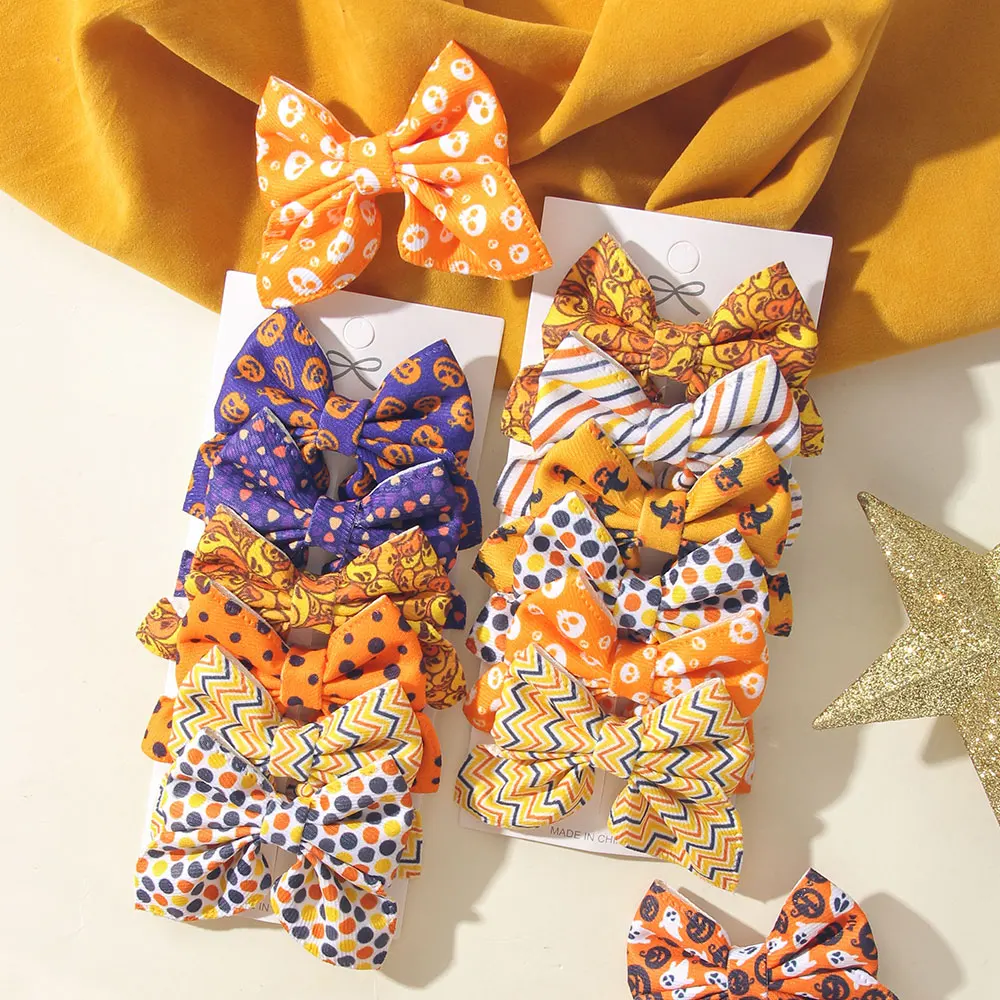 4-10Pcs Girls' Halloween Gift Patterns Lively Bow Hair Clips Children's Hand Woven Sweet Hair Accessories Kids' BB Clips