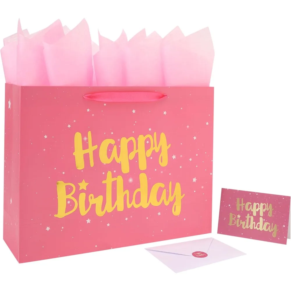 

16.5” Extra Large Pink Happy Birthday Gift Bag Set with Handles, Greeting Card, Tissue Papers and Stickers for Women Girls Kids,