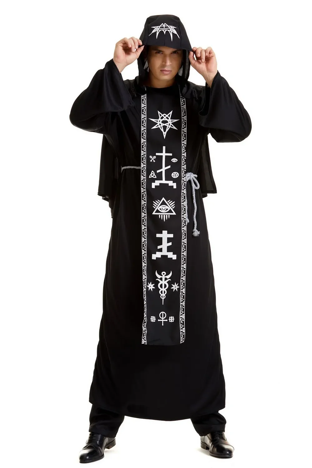 Adulto medievale mago Robe Costume Cosplay per uomo donna nero con cappuccio spaventoso strega diavolo gioco di ruolo Costume per la festa di Halloween