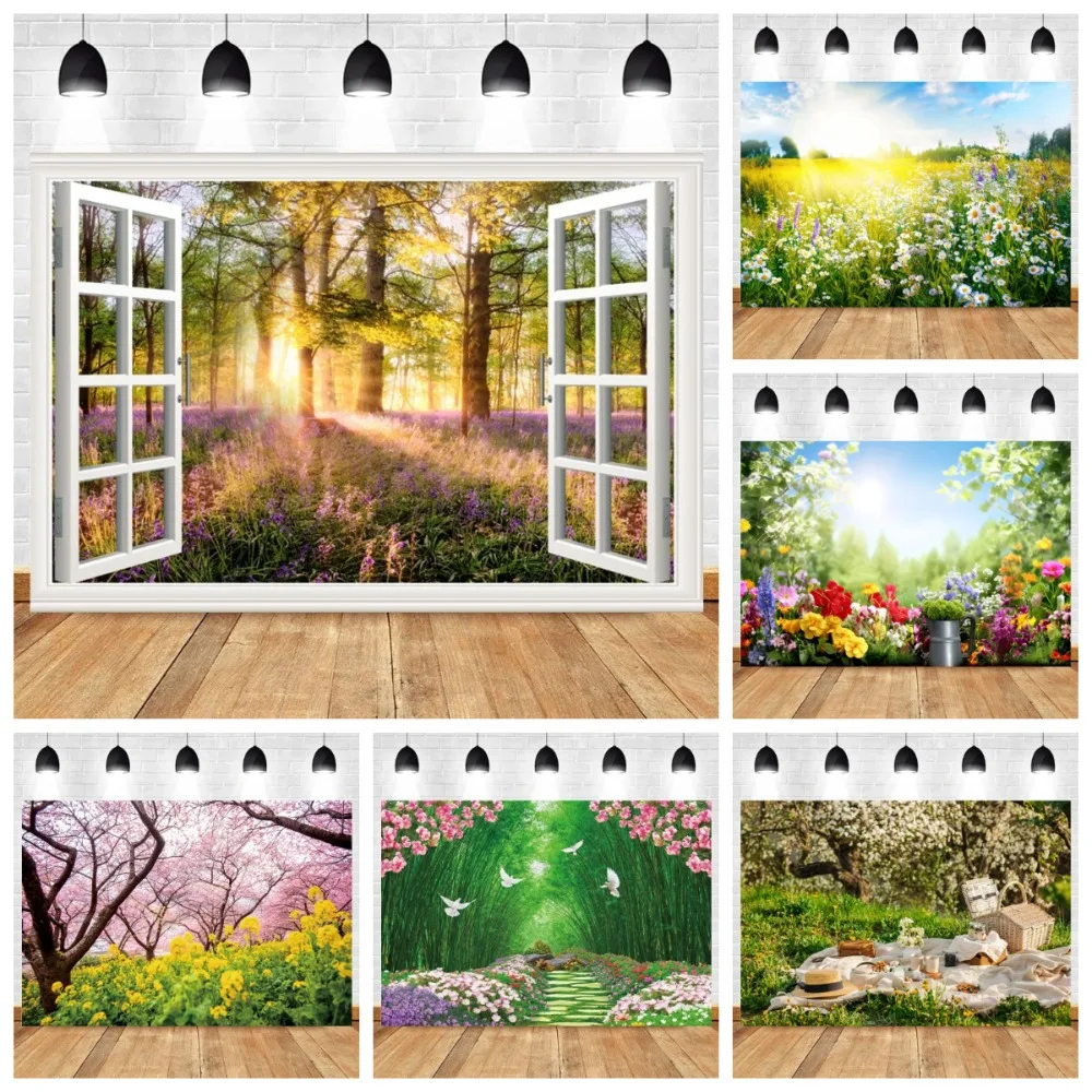 

Spring Blooming Garden Forest Landscape Banner Background Cloth, Natural Scenery Birthday Wedding Photography Studio Background