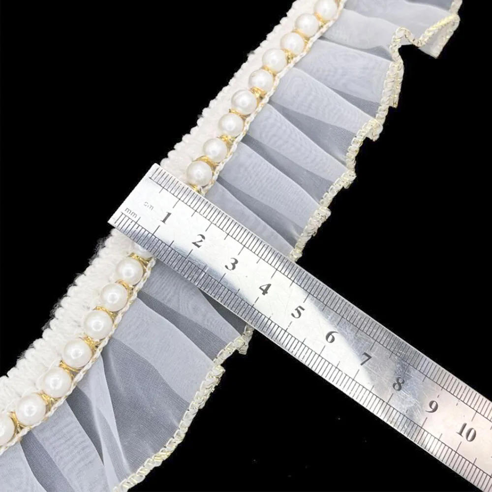 1 Yard White Mesh Pleated Pearl Fabric Glitter Beaded Fringe Lace Edge Trim Garment Collar Ribbon Wedding Dress Applique Decor