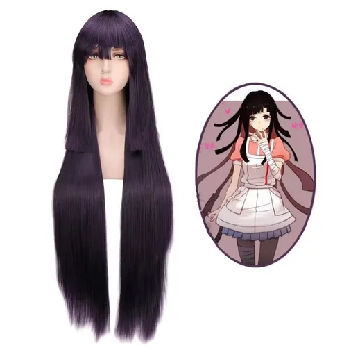 100cm Mikan Tsumiki Black Purple Long Straight Wig Danganronpa: Trigger Happy Havoc Cosplay Long Wig Hair Synthetic Cosplay Wig