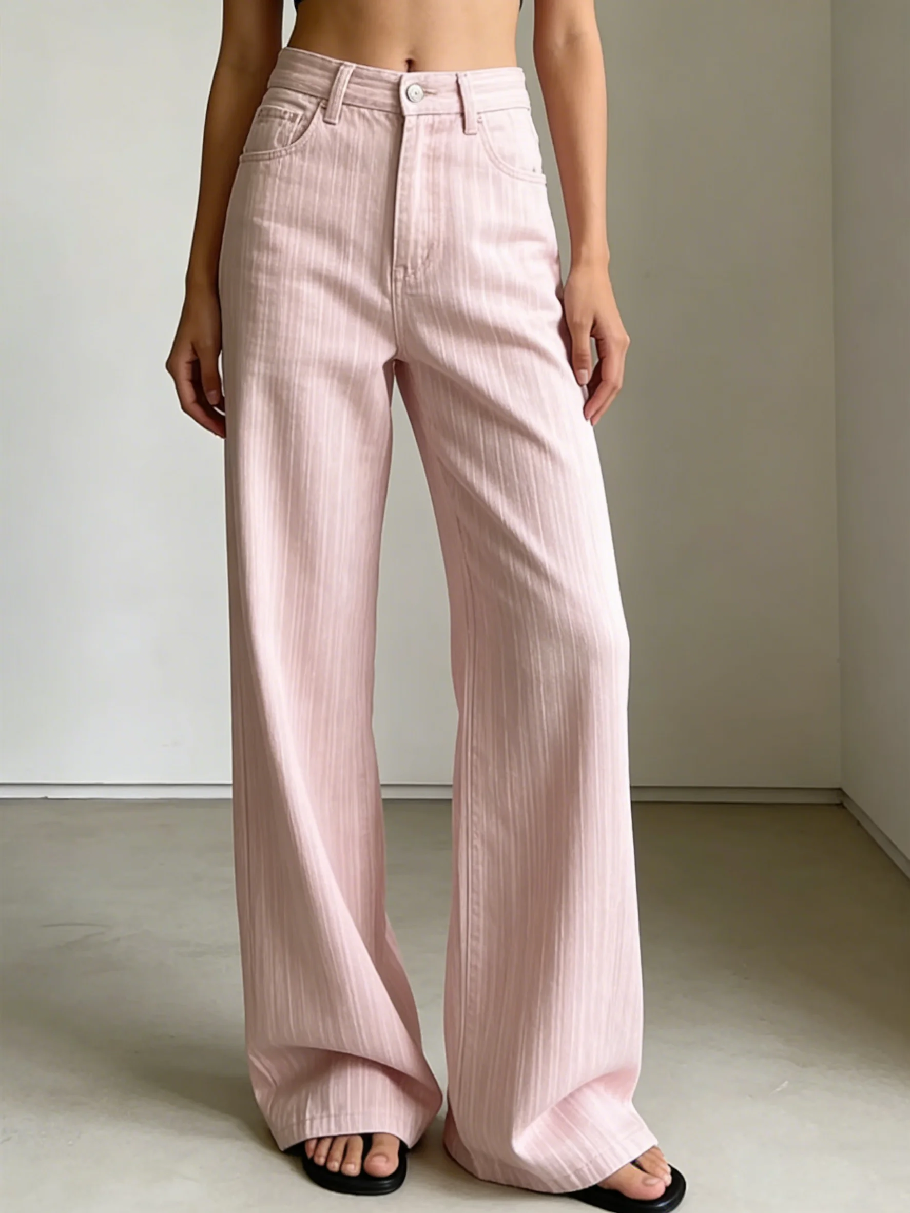 

Women's High Waist Wide Leg Jeans Spring Summer Pink Stripes Loose Straight Trousers Female Casual Denim Pants