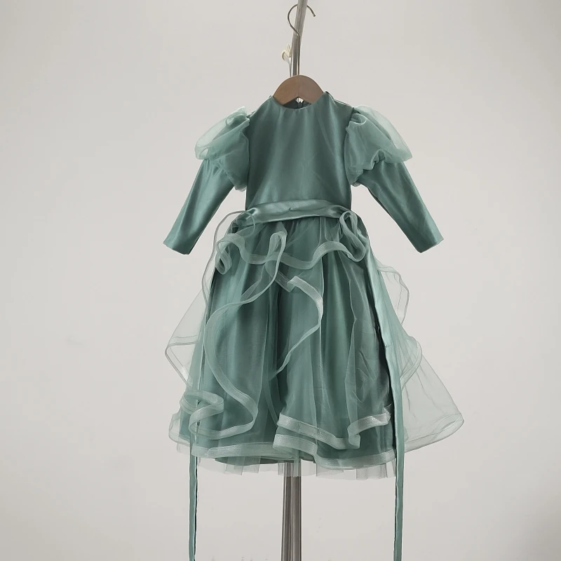 

Real Photo Flower Girl Dresses Green Tulle Modest O-neck Full Sleeves Zipper A-line Floor Length Kids Gown Customization MT008