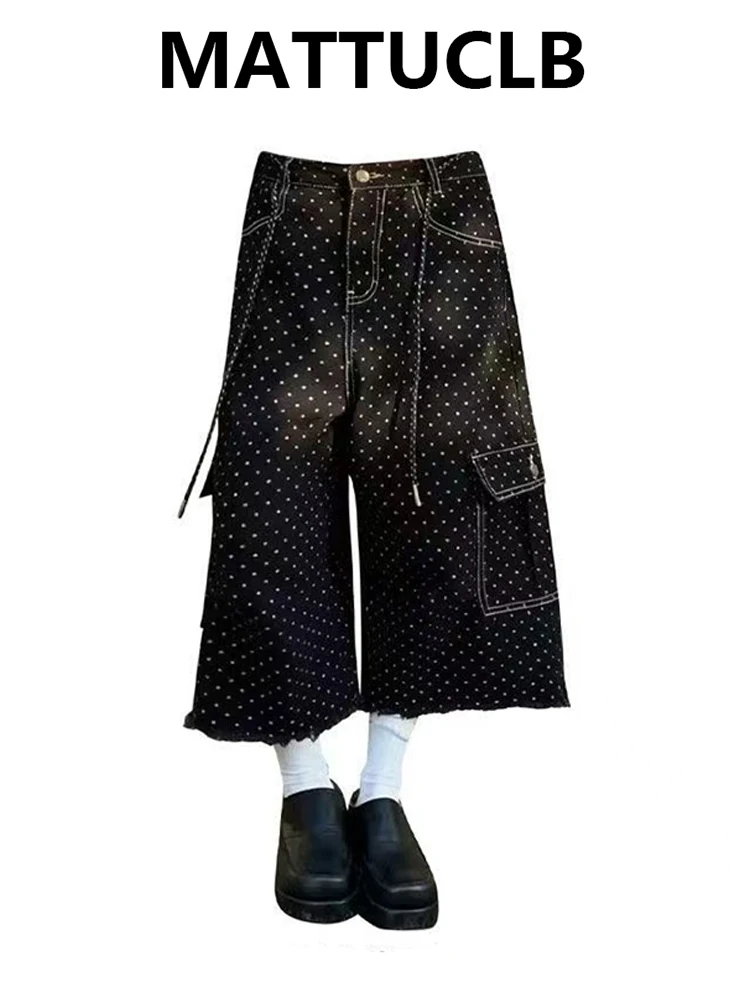 

Summer Women American Retro Jorts Polka Dot Jean Shorts Tide Y2K Harajuku 2000s Boyfriend Denim Calf-Length Pants High Street