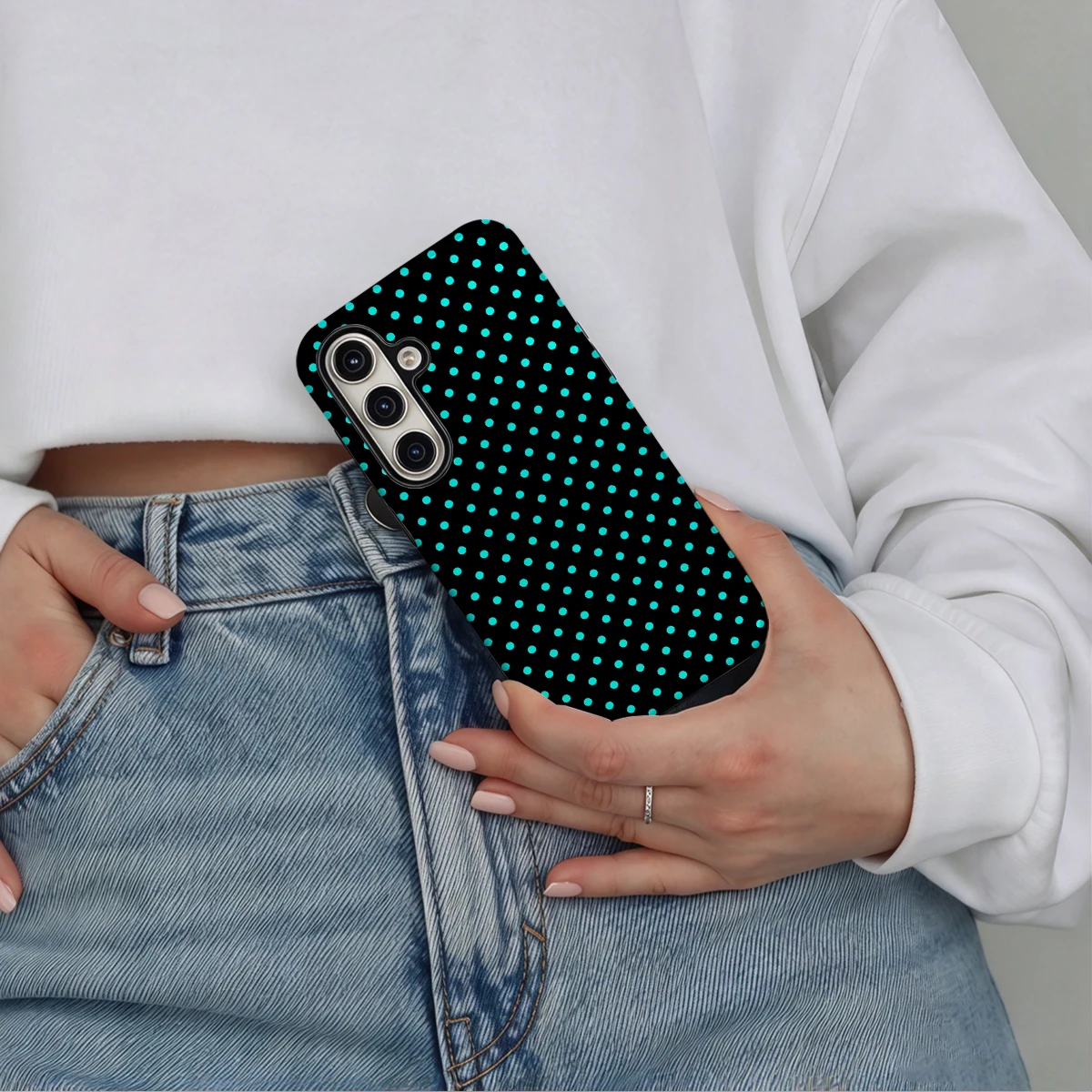 Black Cyan Small Dots Phone Case For Samsung Galaxy S26 S25 Ultra S24 S23 Plus Hard Shock‑Absorption 2-in-1Protective Cover