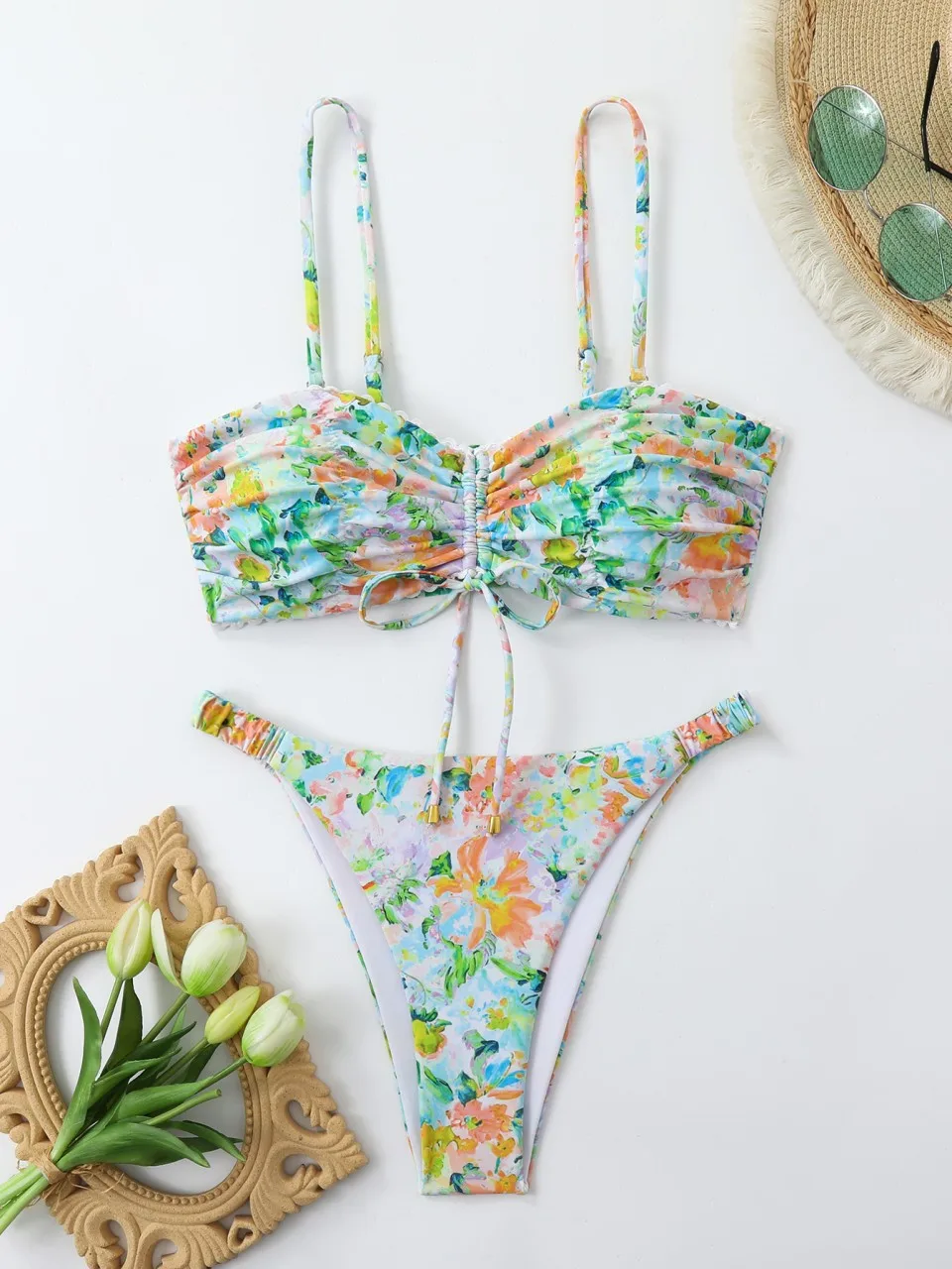 2026 Trekkoord Sexy Bikini Vrouwen Twee Stukken Gedrukt Badpak Vrouwelijke Strand Badmode Zwemmen Zwemmen Badpak Zomer