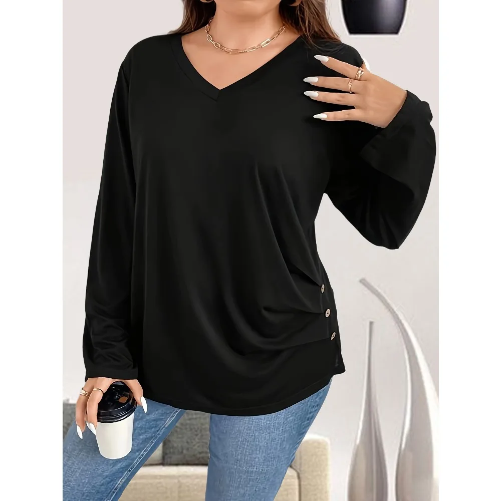 

Plus Size 1XL-5XL Women's Fashion V-neck Button Ruched Tee Women's Casual Solid Color Long Sleeved T-shirt
