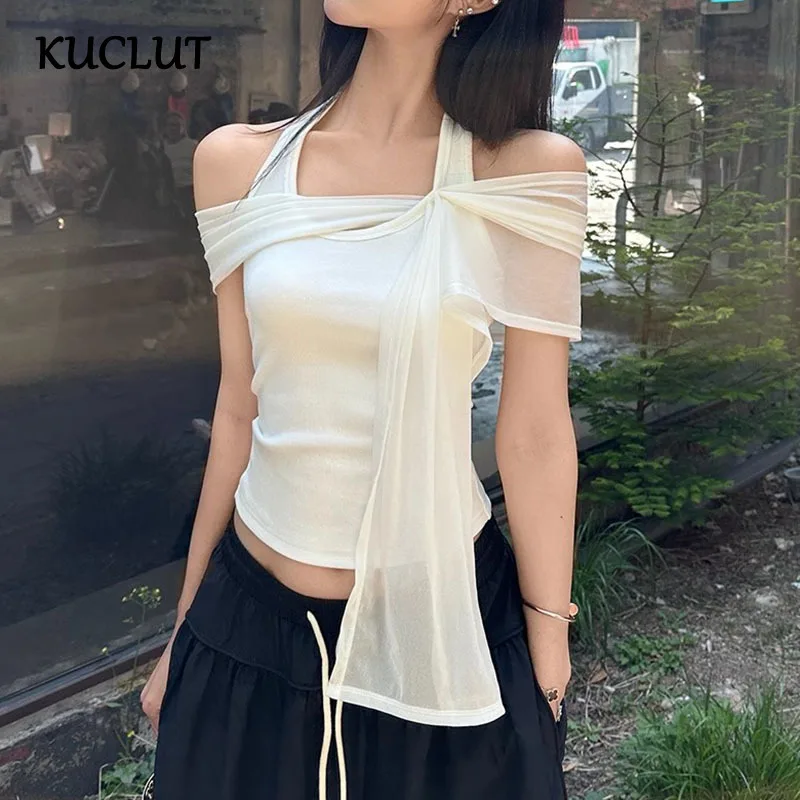 

KUCLUT 2025 Summer New Fashion Design Niche Off-Shoulder Patchwork Ribbon Sleeveless T-Shirt For Women Solid Color Tops 1A197