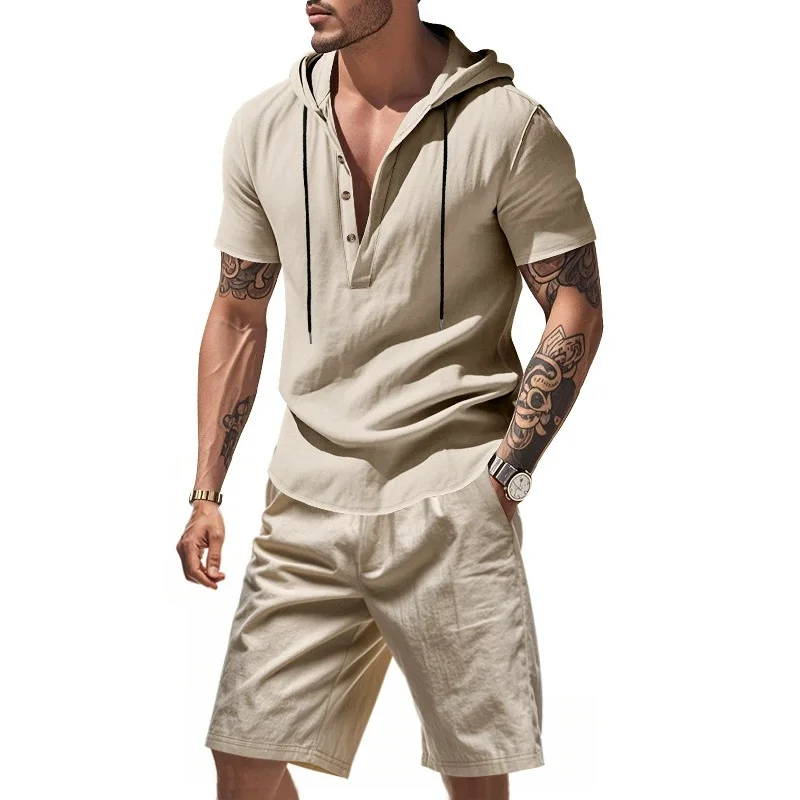 

Summer Men's Fashionable Casual Suit of Linen with Hood, Breathable Short-Sleeved Shirt Set for Beach, Camping and Sports Attire