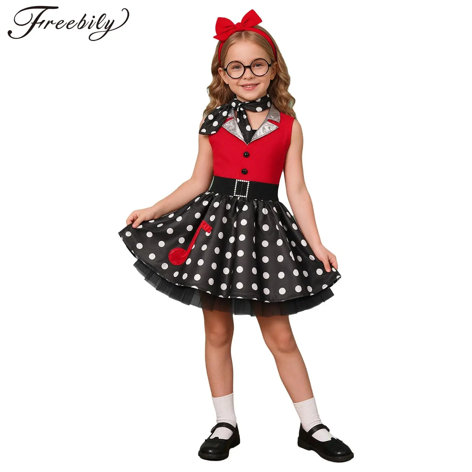 50s Costumes for Girls Kids Halloween Retro Birthday Themed Party Dress Up Sleeveless Polka Dot Printed Dress with Neck Scarf