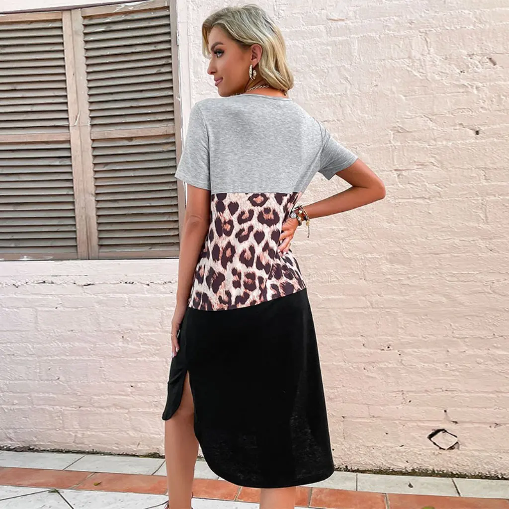 เดรสเสื้อยืดทรงสลิมลายเสือดาวแบบแยกชิ้น สไตล์ยุโรปอเมริกันใหม่ล่าสุดสำหรับฤดูร้อน ชุดเดรสผู้หญิง