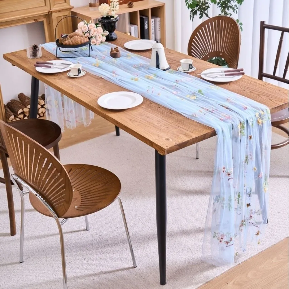 

French Vintage Embroidered Floral Table Runner Romantic Semi-Transparent Lace Table Flag Fresh Color Tulle Table Runner
