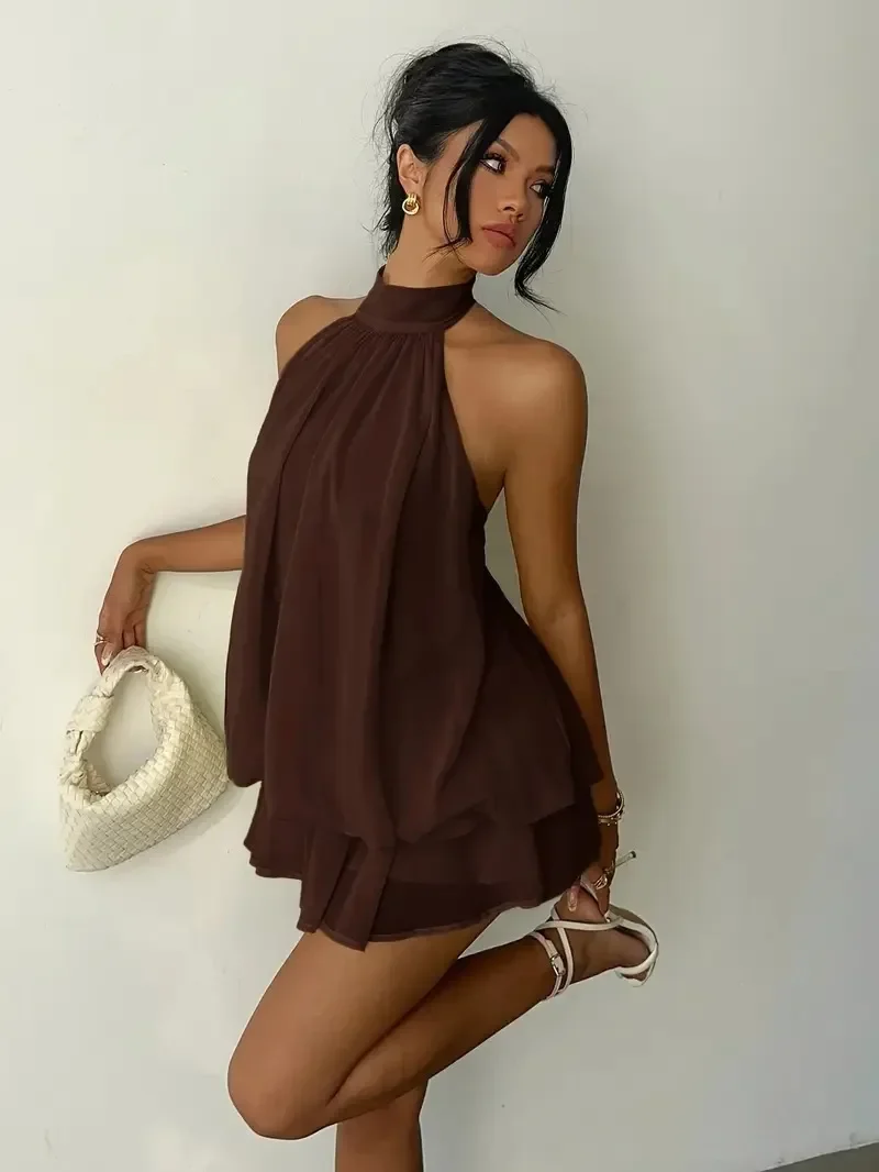 Damen Chiffon-Minikleid mit Neckholder, ärmellos, mehrlagig, mit Rüschen, fließend, einfarbig, locker, A-Linie, Sommer-Party, Strand, Freizeit-Sommerkleid – Detail 6