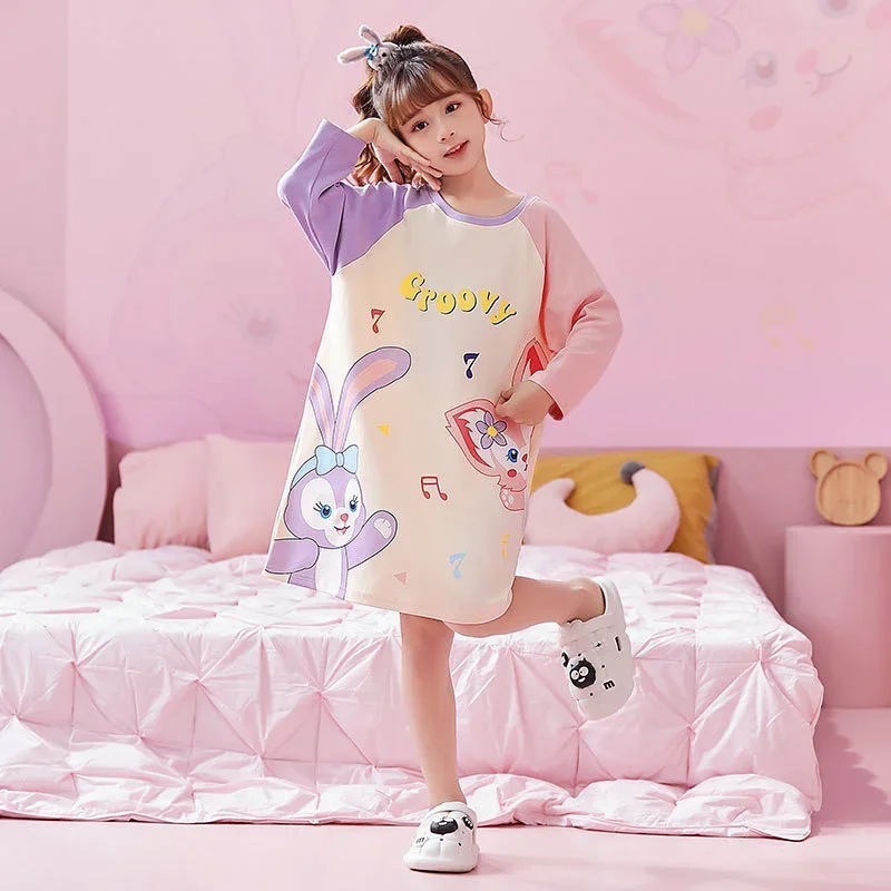 Cartoon Anime Sanrioed Cinnamoroll Pattern Printing Children's Pajama Dress Kawaii Thin Cotton Long-sleeved Nightgown Girl Gift