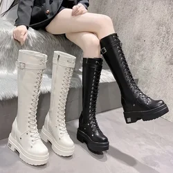 10CM New Women Platform Knee High Boots Winter Warm Plush Long Boots Leather Motorcycle Boots Lace-up Chunky Sneakers High Heels