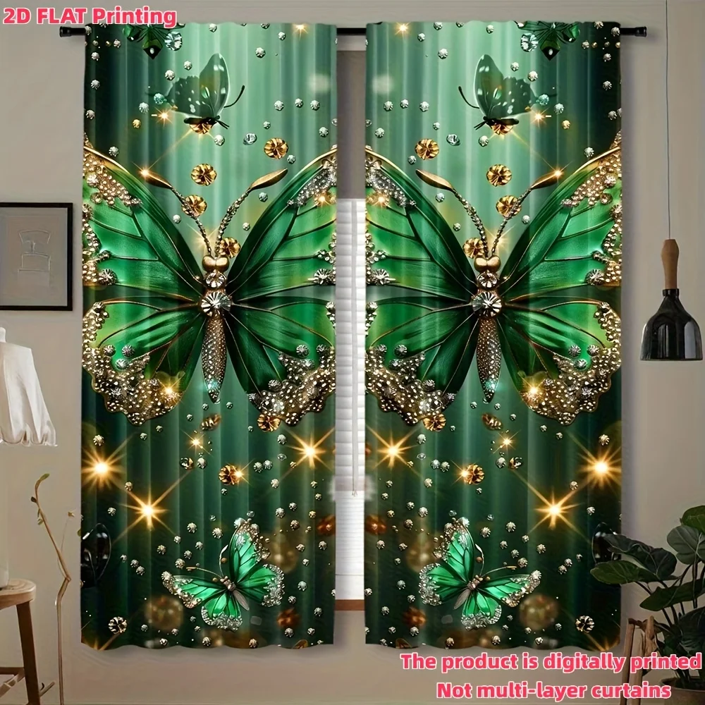 2D Flat, 2pcs Green Glitter Butterfly Curtains - 2D Flat Printing, Rod Pocket Design, Semi-Transparent Polyester Fabric for Bedr