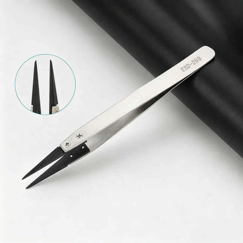 ESD-Safe Precision Tweezers, Anti-Static Tips with Heavy-Duty Metal for Electronics & Jewelry Repair.